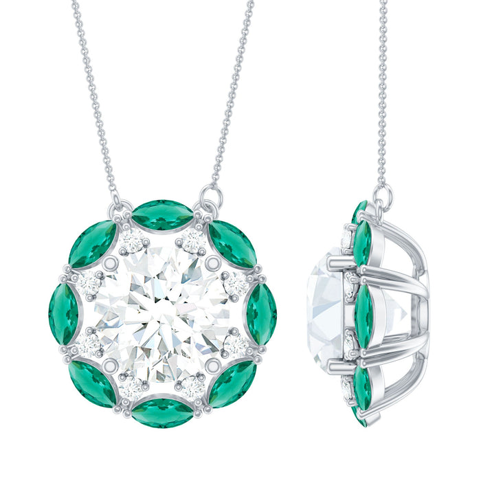 Elegant 2 carat moissanite halo pendant with lab-grown emerald, featuring a sparkling statement necklace by Rosec Jewels.