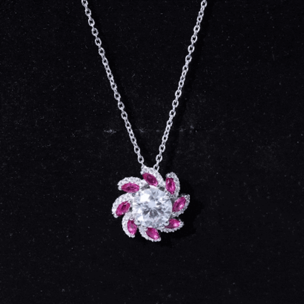 2 carat moissanite and lab ruby flower pendant necklace by Rosec Jewels, featuring a sparkling floral design and elegant chain.