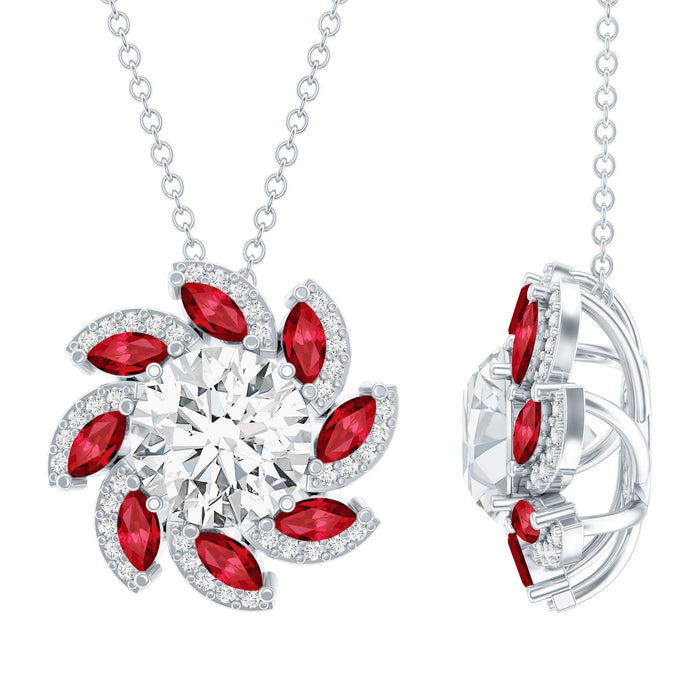 Two-carat moissanite and lab ruby flower pendant necklace featuring a delicate floral design from Rosec Jewels.