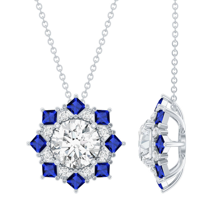 Certified 2 Carat Moissanite and sapphire pendant on silver chain, elegant designer necklace by Rosec Jewels.