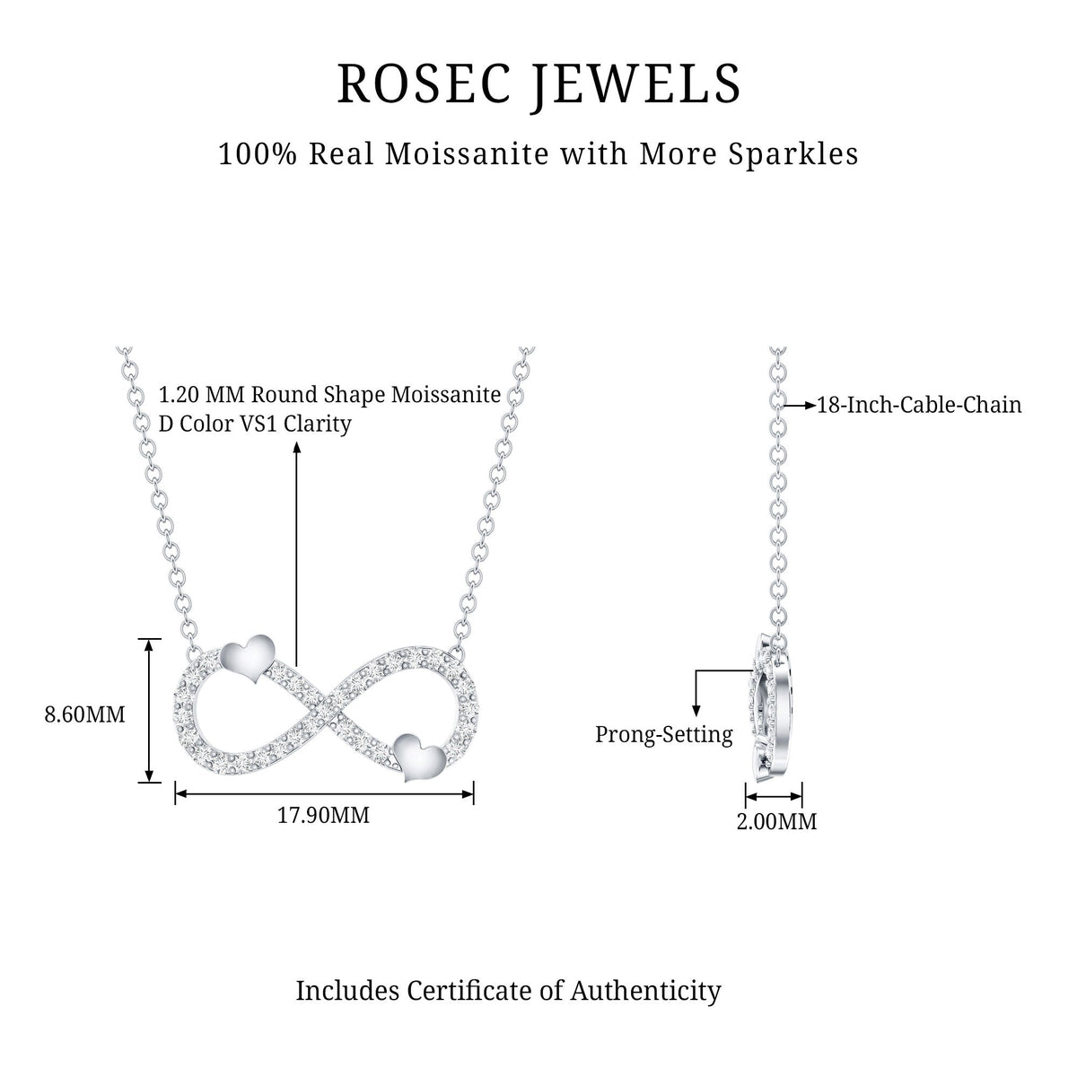 Certified Moissanite Infinity Heart Necklace in 14K Gold Plated Silver