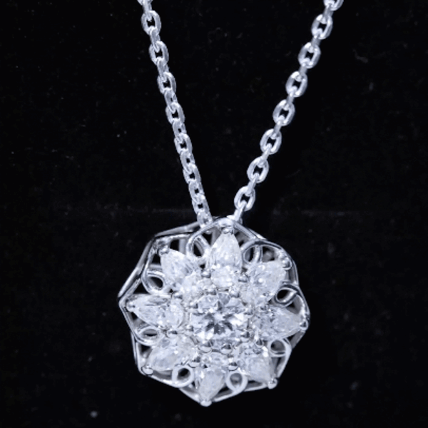 Certified Moissanite flower pendant necklace with chain, featuring a sparkling white moissanite flower design by Rosec Jewels.