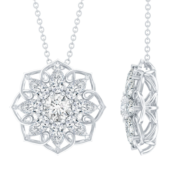 Rosec Jewels certified moissanite flower pendant necklace with chain, featuring a sparkling floral design and delicate chain.