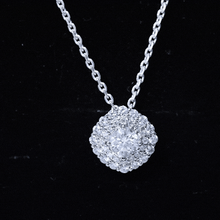 Certified Moissanite double halo pendant necklace with silver chain, featuring sparkling moissanite stones and elegant design.