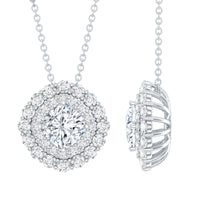 Certified Moissanite Double Halo Pendant Necklace with Silver Chain