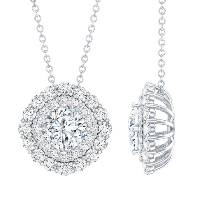 Certified Moissanite double halo pendant necklace with silver chain, featuring sparkling gemstone accents and elegant design.