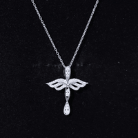 Certified Moissanite Angel Wings Cross Necklace with Silver Chain