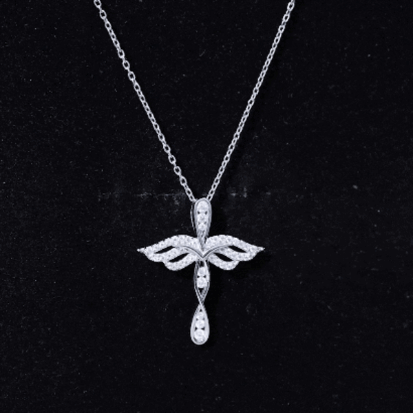 Certified Moissanite angel wings cross pendant on a silver chain, featuring sparkling moissanite stones and detailed angel wing design.