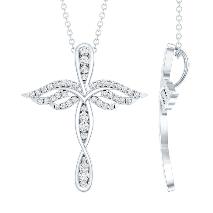 Certified Moissanite angel wings cross pendant on a silver chain, featuring detailed angel wing designs and sparkling gemstones.
