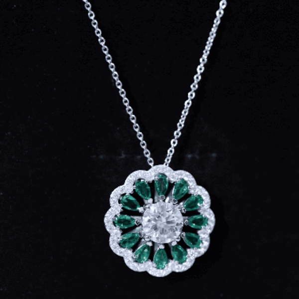 Elegant Rosec Jewels 3-carat moissanite flower pendant necklace with lab-grown emerald for bridal jewelry, featuring intricate design.