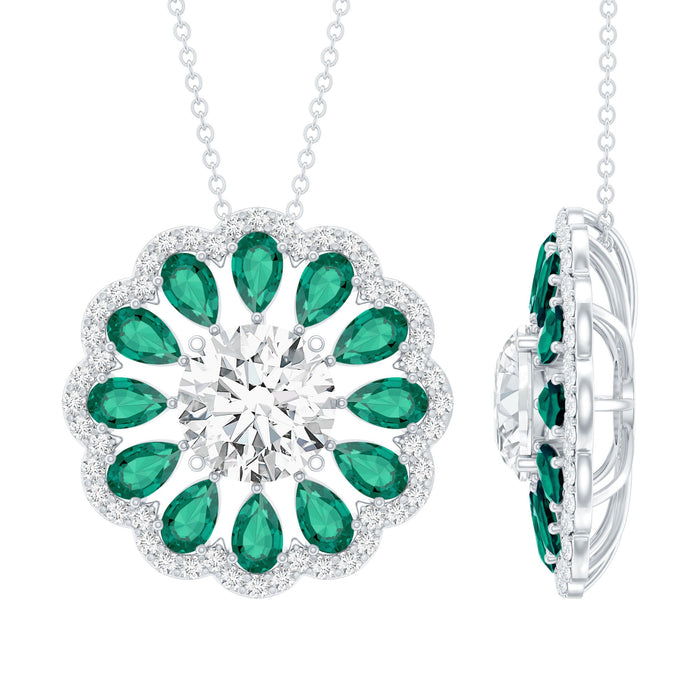 Certified 3 Carat Moissanite flower bridal pendant with lab-grown emerald by Rosec Jewels, featuring intricate floral design.