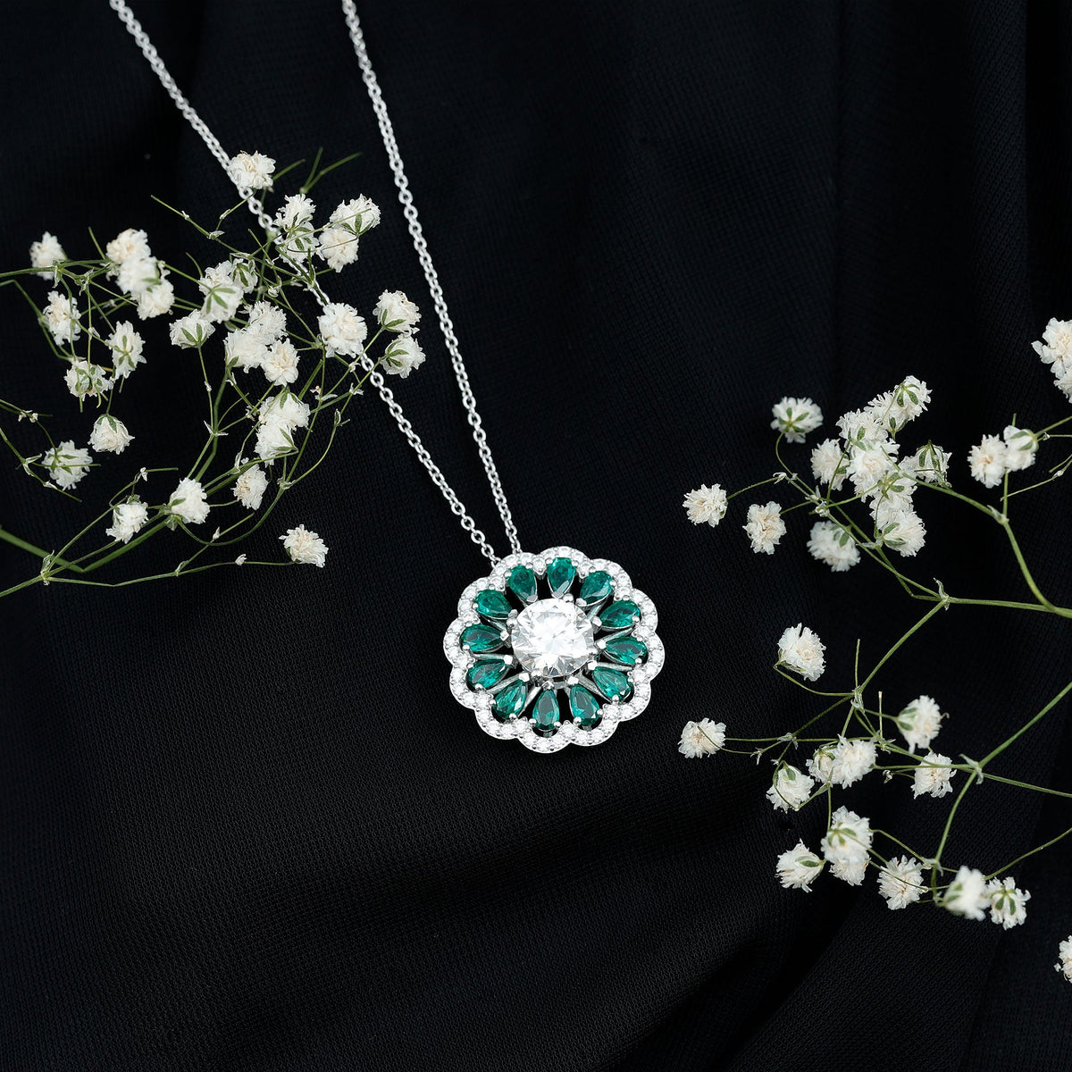 Certified 3 Carat Moissanite Flower Bridal Necklace With Lab Grown Emerald