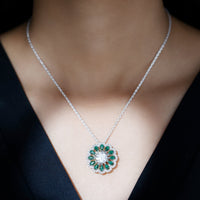 Certified 3 Carat Moissanite Flower Bridal Necklace With Lab Grown Emerald