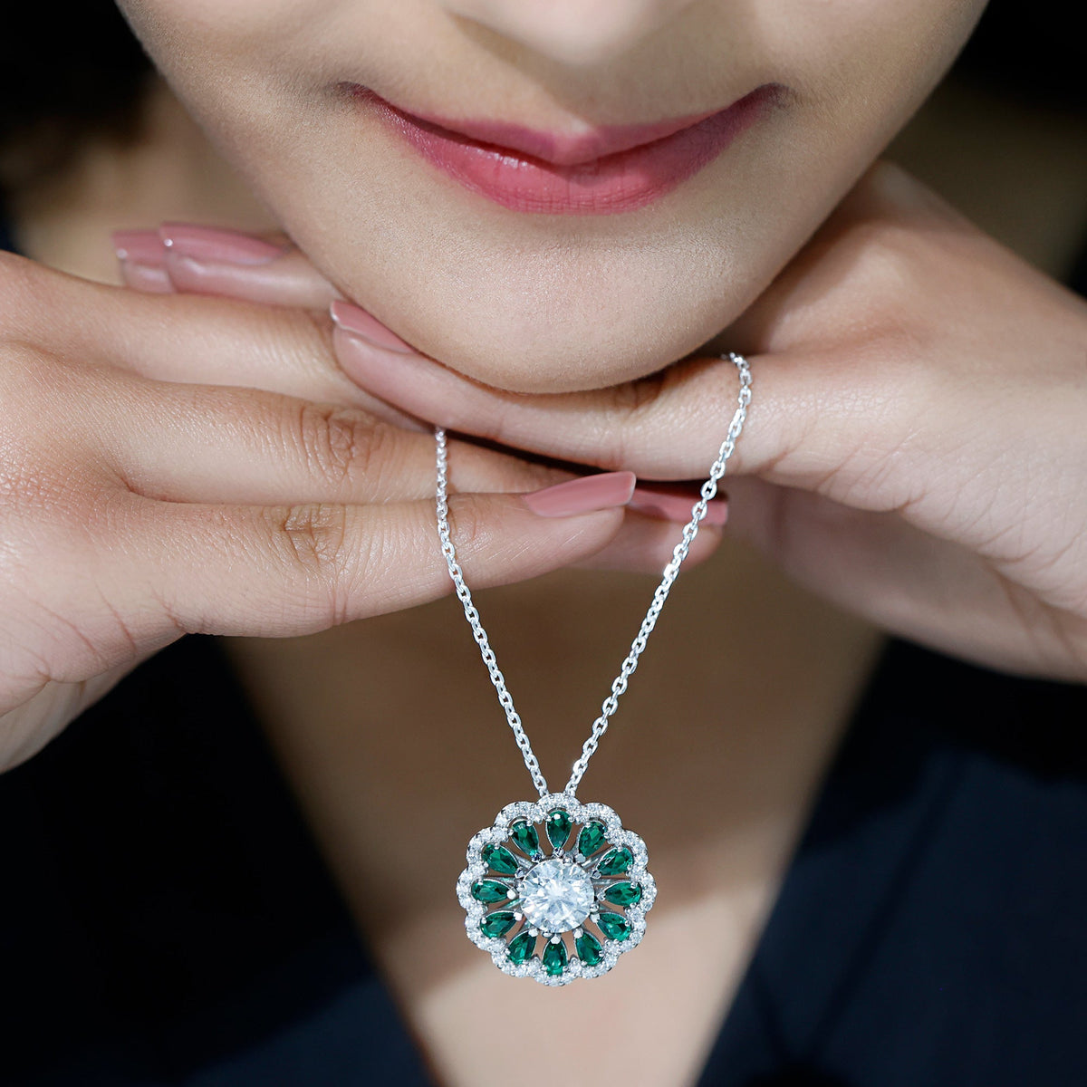 Certified 3 Carat Moissanite Flower Bridal Necklace With Lab Grown Emerald