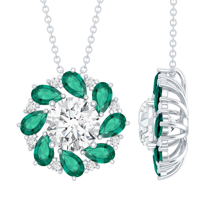 Certified 2 Carat Moissanite and Lab Emerald flower pendant necklace in silver, featuring intricate floral design by Rosec Jewels.