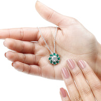 Certified 2 Carat Moissanite and Lab Emerald Flower Necklace in Silver