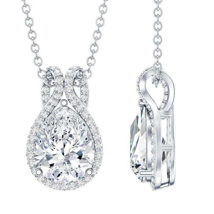 Certified 1.4 carat moissanite teardrop wedding pendant on a silver chain by Rosec Jewels, showcasing a sparkling teardrop gemstone.