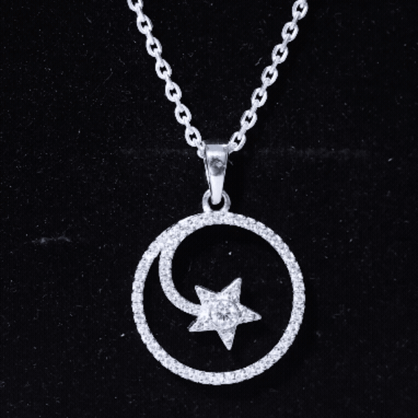 Silver chain necklace featuring a certified moissanite shooting star pendant, elegant jewelry from Rosec Jewels.