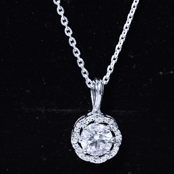 Certified 2 Carat Moissanite halo pendant necklace with silver chain from Rosec Jewels, featuring a sparkling white moissanite stone.