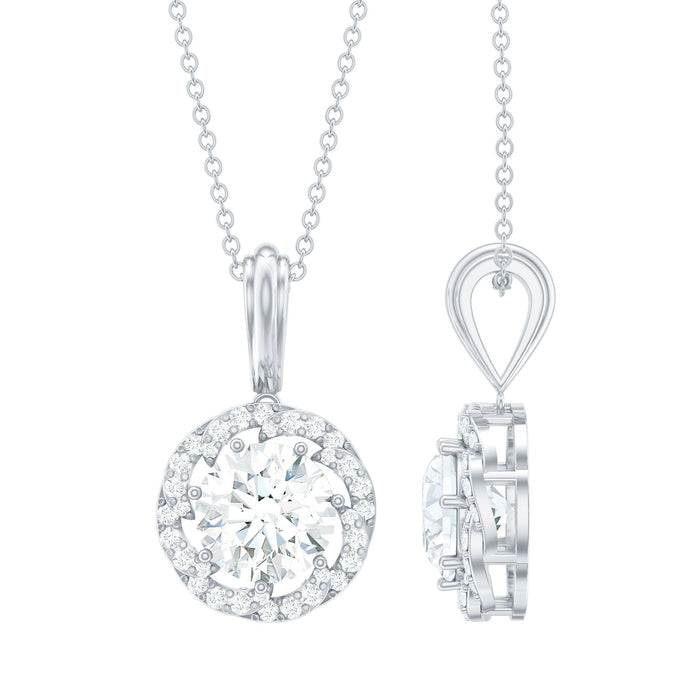 Certified 2 Carat Moissanite Halo Pendant Necklace with Silver Chain, featuring a sparkling moissanite stone and elegant silver setting.