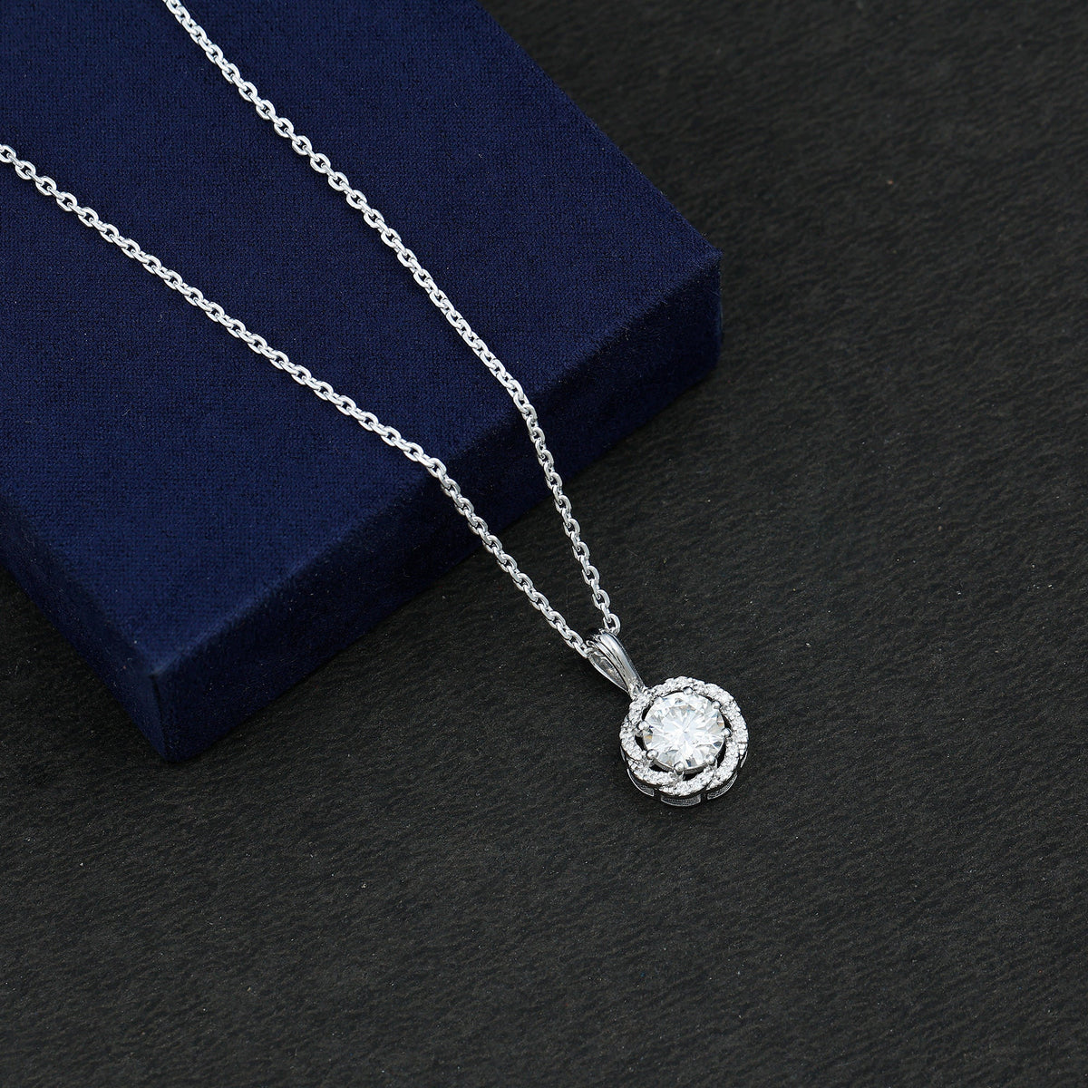 Certified 2 Carat Moissanite Halo Pendant Necklace with Silver Chain