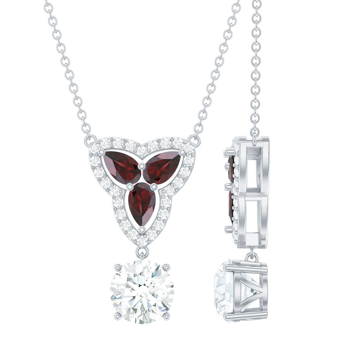 Silver bridal pendant featuring certified moissanite and garnet stones from Rosec Jewels, elegant and handcrafted jewelry.