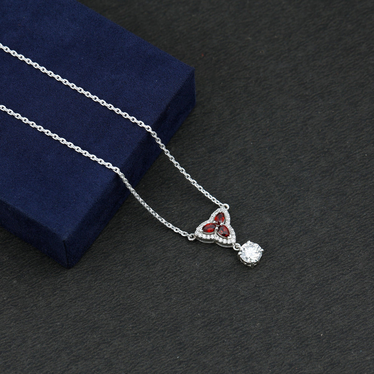 Certified Moissanite and Garnet Designer Bridal Necklace in Silver