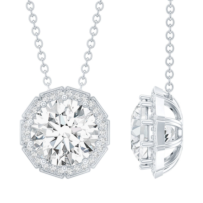 Two-carat round moissanite pendant with silver chain from Rosec Jewels, showcasing a sparkling designer necklace on a neutral background.