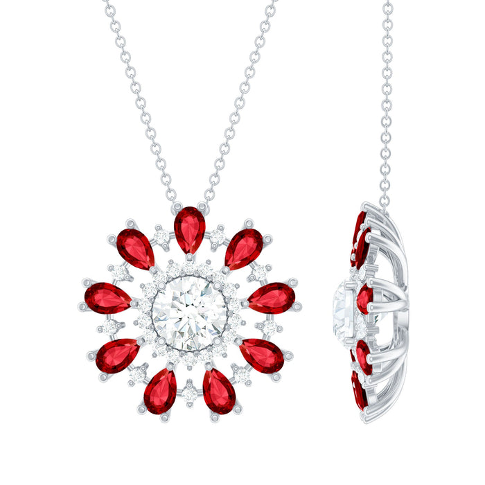 Certified 1.3 carat Moissanite flower pendant necklace with lab-grown ruby from Rosec Jewels, featuring intricate jewelry details.
