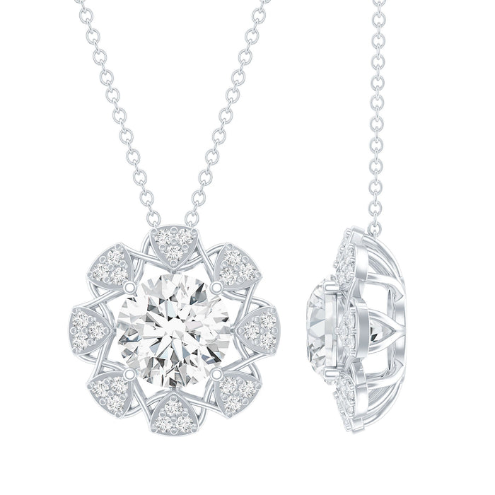 Brilliant cut 2 carat moissanite bridal pendant on silver chain by Rosec Jewels, showcasing elegant jewelry design.