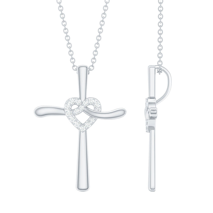Certified Moissanite cross heart pendant necklace with silver chain, featuring sparkling gemstones and elegant design.