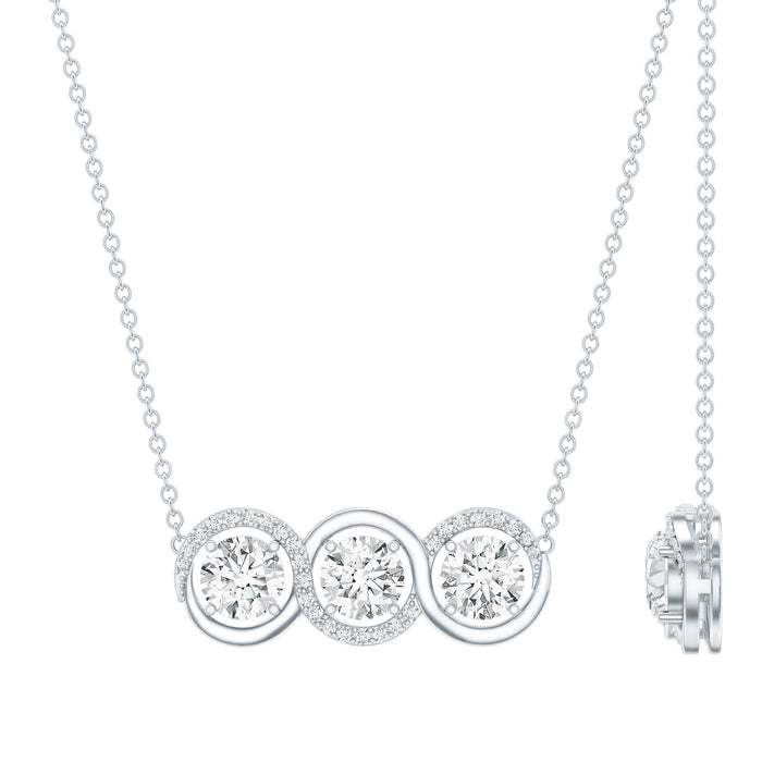 Certified round moissanite 3-stone bar necklace with silver chain from Rosec Jewels, showcasing sparkling gemstones and sleek pendant design.