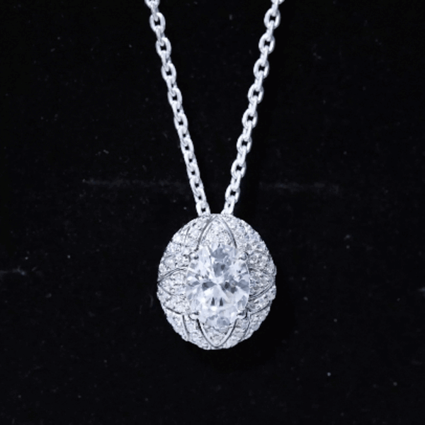 Art Deco style 2 carat moissanite pendant with silver chain, featuring a designer necklace from Rosec Jewels.