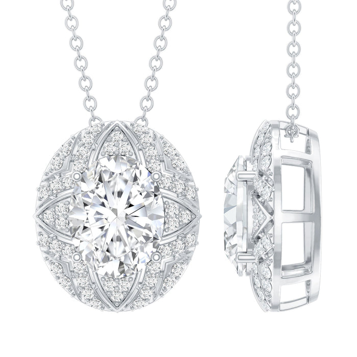 Art Deco style 2 carat moissanite pendant necklace with silver chain by Rosec Jewels, showcasing intricate design and sparkling gemstone.