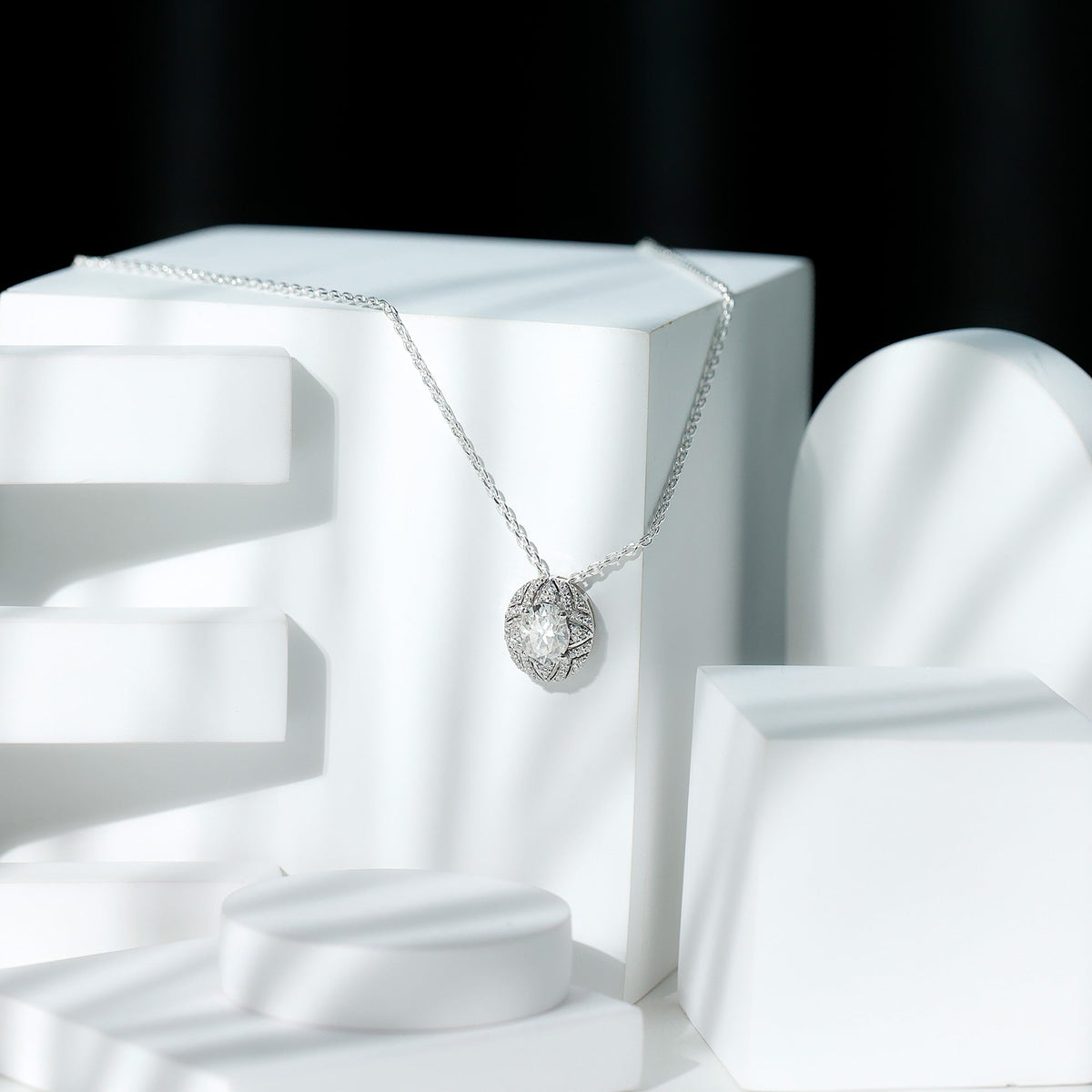 Art Deco Style 2 Carat Moissanite Designer Necklace with Silver Chain
