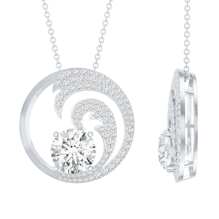 Certified Moissanite Ocean Wave pendant on silver chain, showcasing a sparkling wave design by Rosec Jewels.