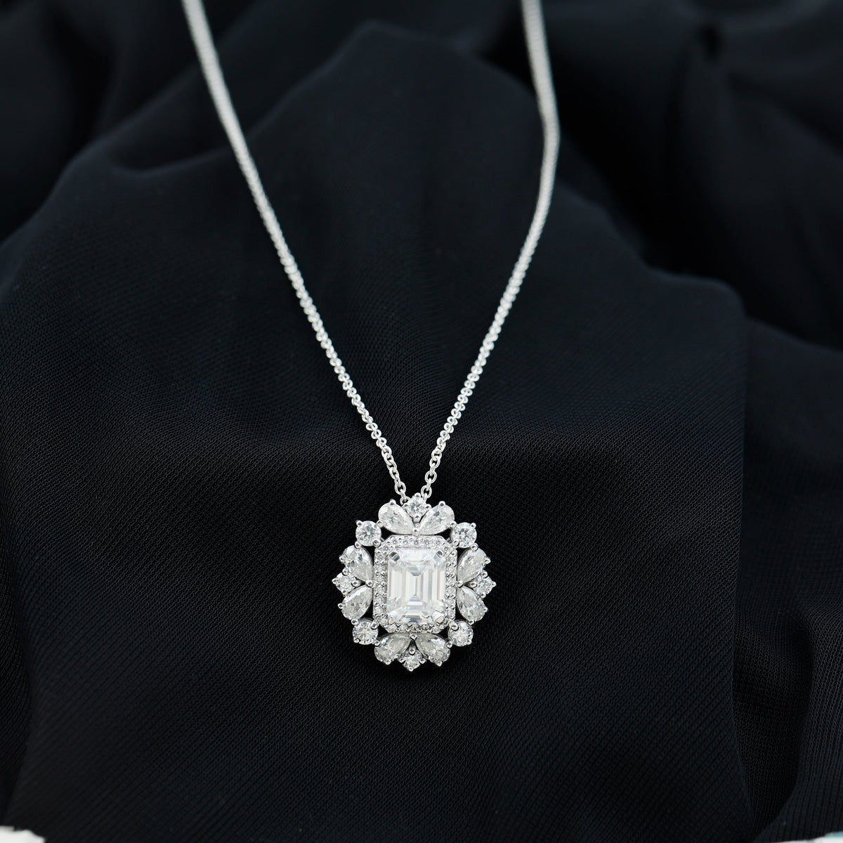 Emerald Cut 7X9 MM Moissanite Vintage Wedding Necklace In Silver
