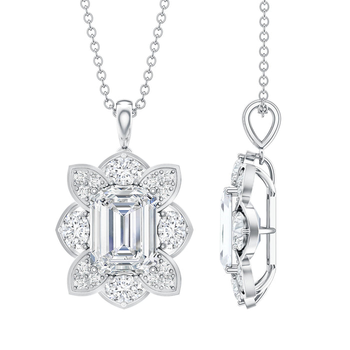 Certified 2.8 carat emerald cut moissanite pendant with silver chain from Rosec Jewels, showcasing elegant jewelry design.