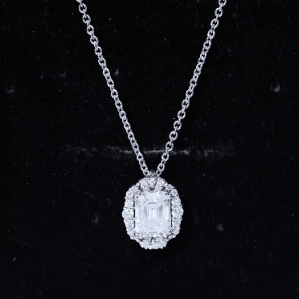 Silver certified 2.8 carat emerald cut moissanite wedding pendant necklace with a sleek design by Rosec Jewels.