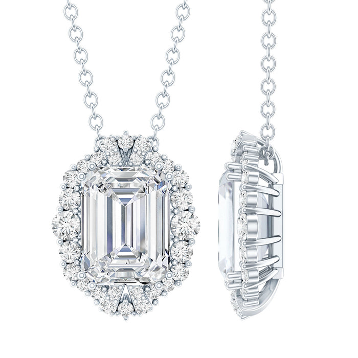 Emerald cut moissanite wedding pendant in silver with 2.8 carats, featuring a radiant rectangular gemstone and elegant silver setting.