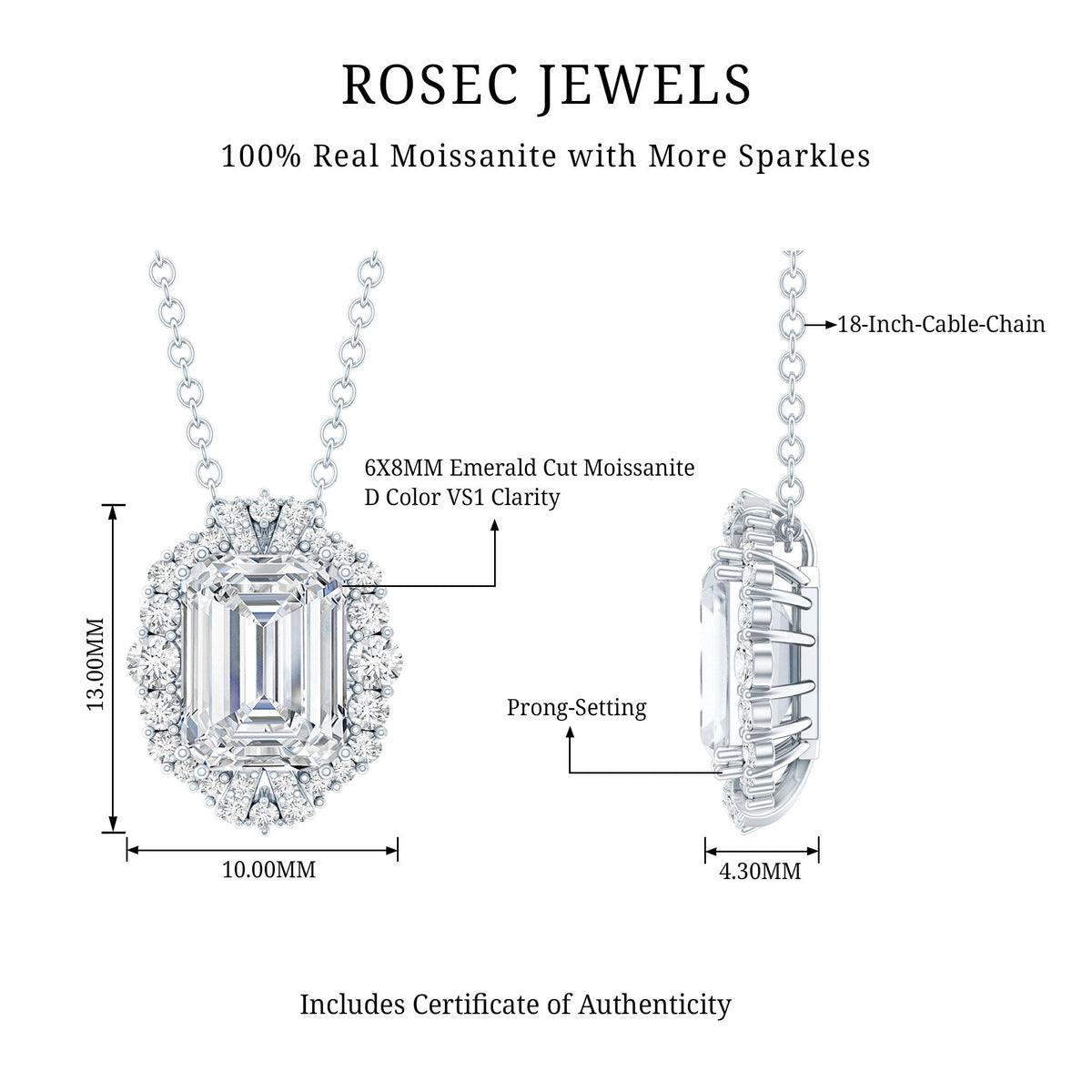 Certified 2.8 Carat Emerald Cut Moissanite Wedding Necklace in Silver