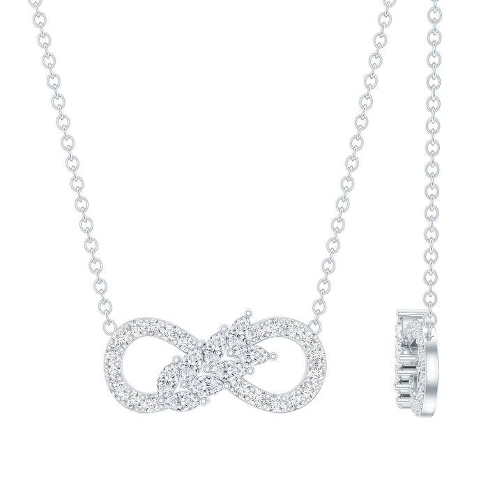 Sterling silver Moissanite infinity pendant necklace with sparkling gemstones, designed by Rosec Jewels.