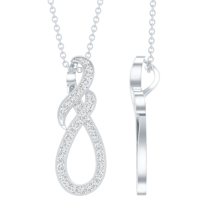 Certified moissanite infinity pendant necklace with silver chain, featuring sparkling gemstone and elegant design.