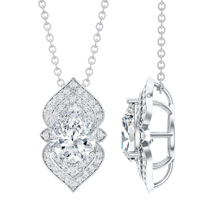 Pear-shaped moissanite vintage pendant with silver chain, 1.3 carats, from Rosec Jewels, featuring intricate detailing and elegant design.