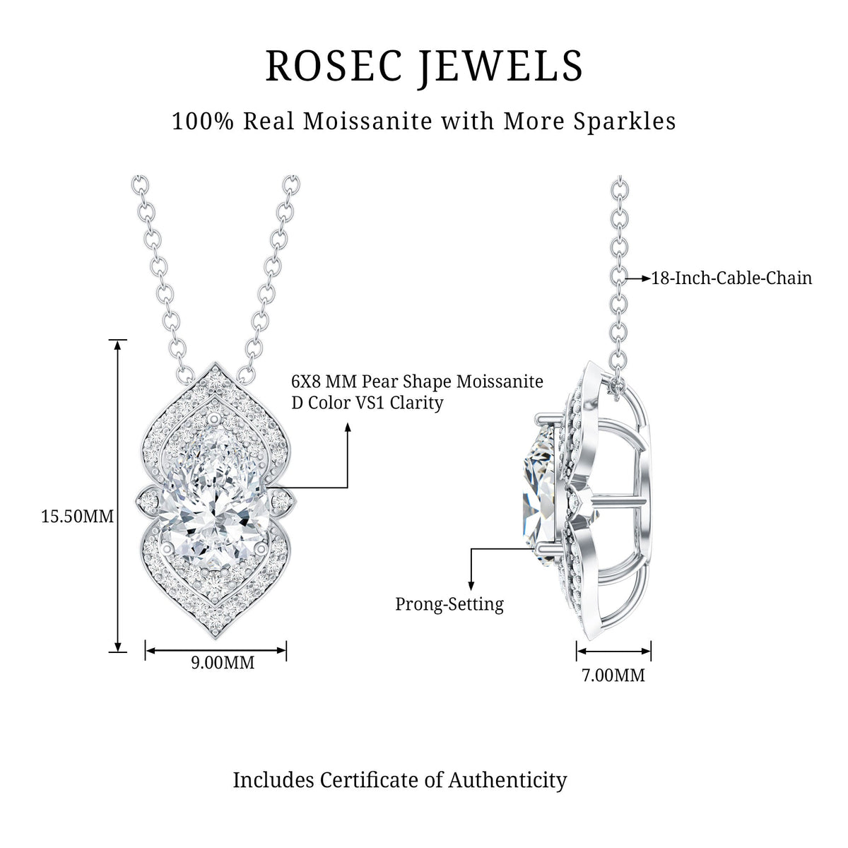 Certified 1.3 Carat Pear Cut Moissanite Vintage Necklace with Silver Chain