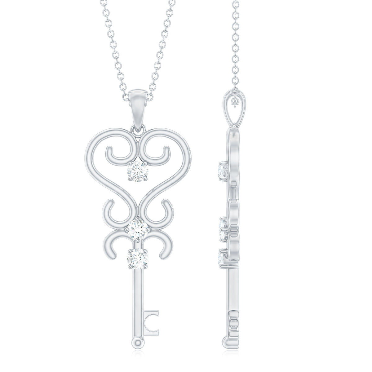 Vintage inspired cubic zirconia key pendant necklace by Rosec Jewels featuring a sparkling zirconia stone and a certificate of authenticity.