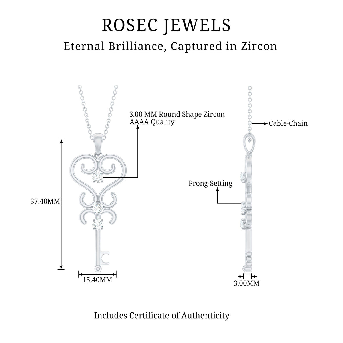 Vintage inspired cubic zirconia key pendant necklace by Rosec Jewels with certificate, featuring a sparkling cubic zirconia stone.