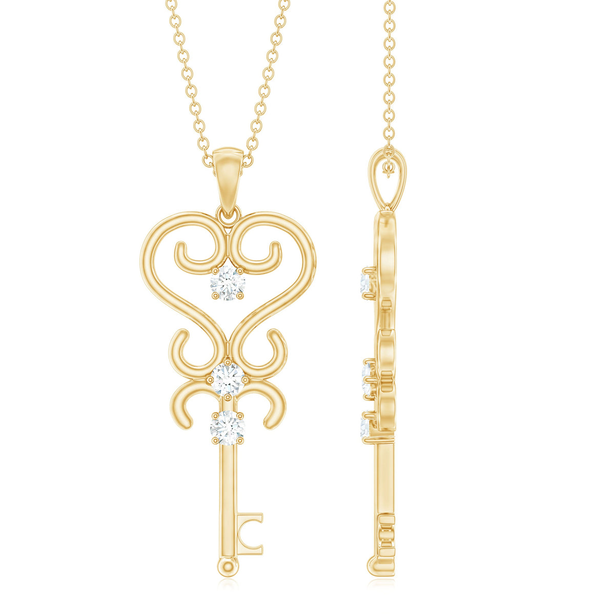Vintage-inspired cubic zirconia key pendant necklace by Rosec Jewels with certificate, featuring a detailed key design and sparkling stones.