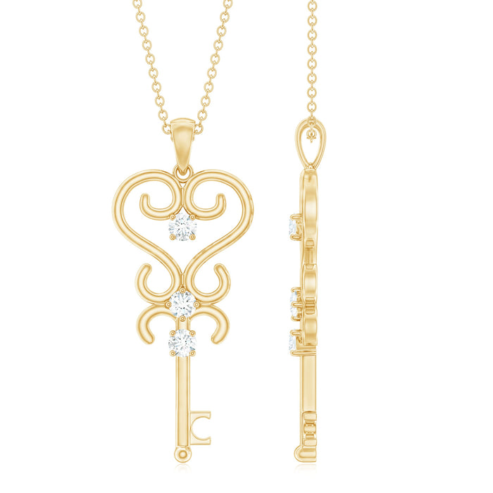 Vintage-inspired cubic zirconia key pendant necklace by Rosec Jewels with certificate, featuring a detailed key design and sparkling stones.