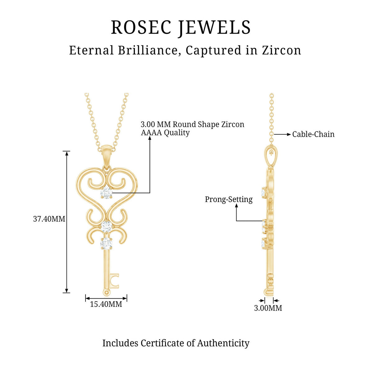 Vintage inspired cubic zirconia key pendant necklace by Rosec Jewels featuring sparkling stones and a certificate of authenticity.